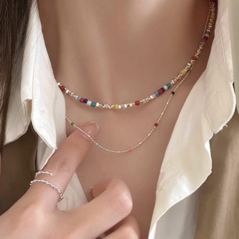 Layer Multicolor Beaded Chokers Necklace With Silver Accent for Dopamine Dressing and Everyday Stylish Accessories