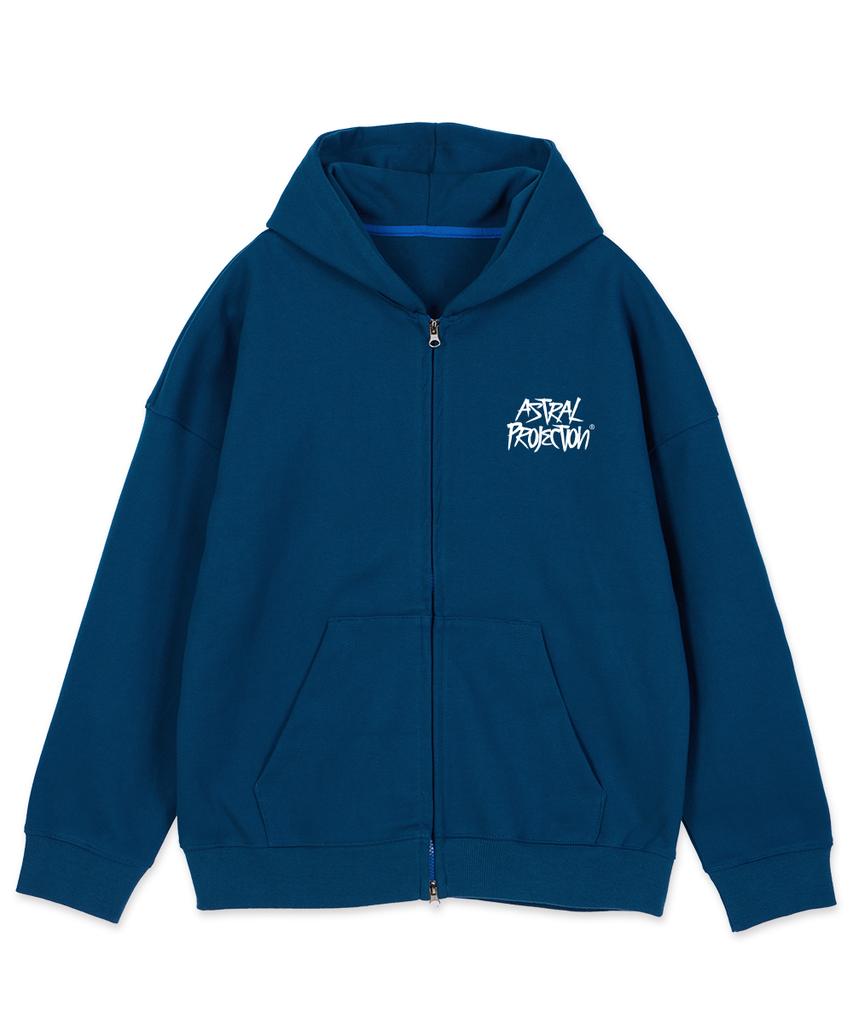 Astral Projection Graffiti Lettering Oversized Wide Shoulder Zip-Up Hoodie_Teal Blue
