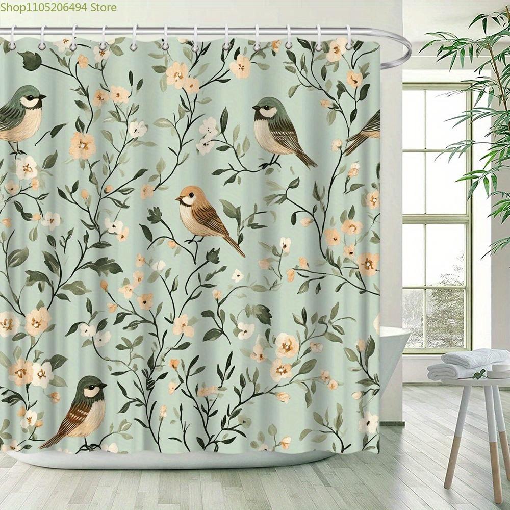 1pc Botanical Birds & Floral Shower Curtain - Pale Mint Green High Quality with 12 Hooks, Rustic Bathroom Decor, Watercolor-li