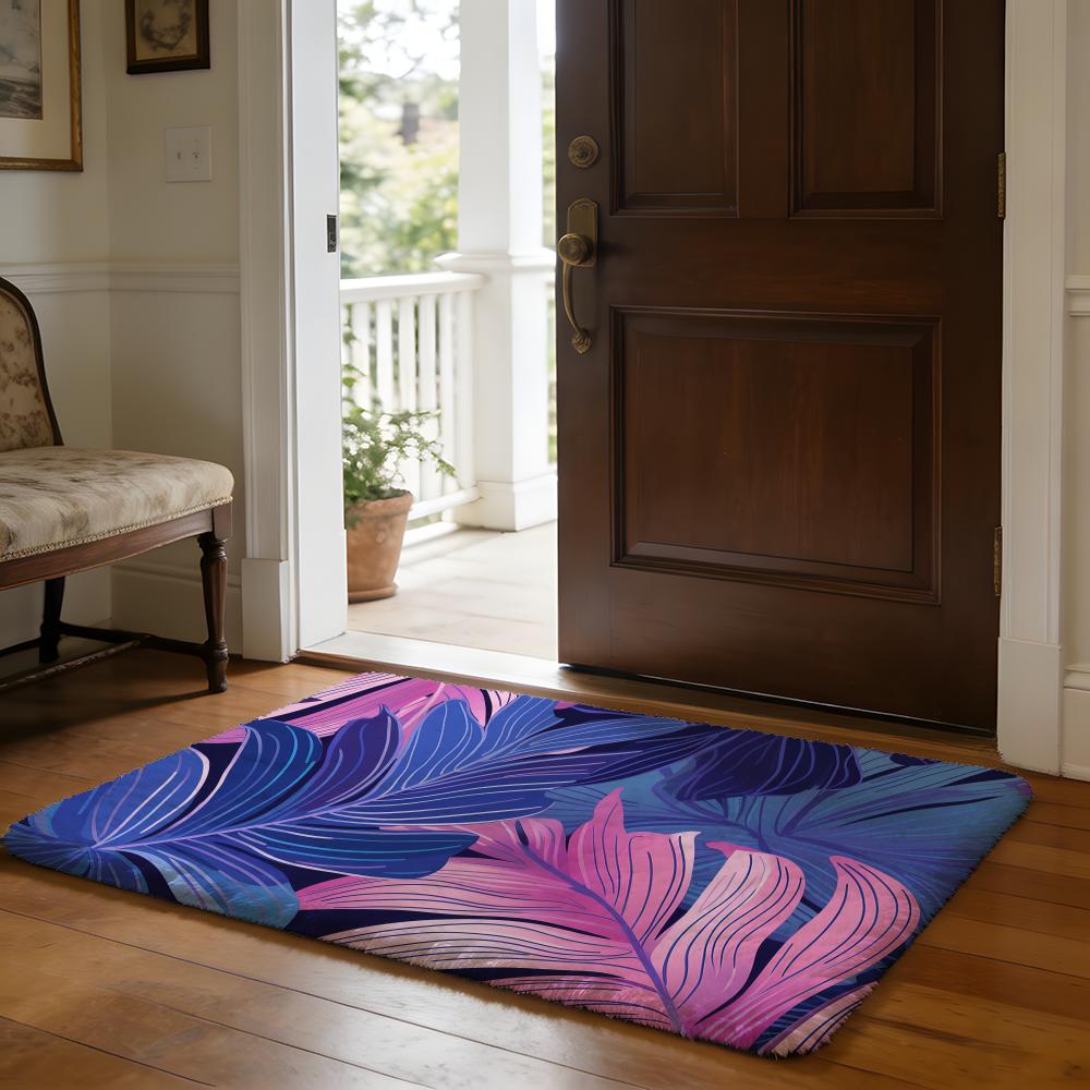 Purple Tropical Leaves Floor Mat Soft Flannel Absorbent Mat Non-Slip Rug Home Bedroom Bathroom