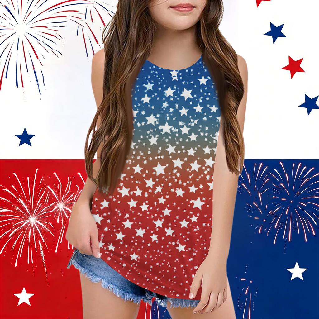 Girls  Kids Summer Crewneck Sleeveless Shirts Tank Tops Independence Day