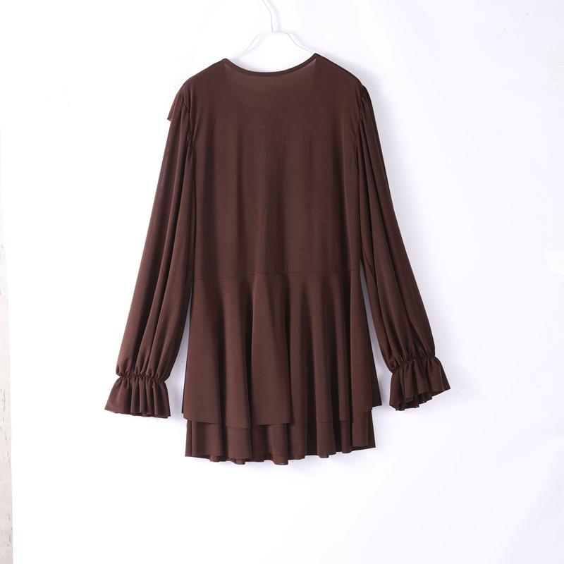 Elegant Lace Fold Dress Women Brown Deep V-neck Long Sleeve Mini Dresses Female 2025 Spring Summer Fashion Loose Lady Robe