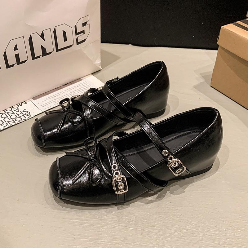 French Mary Jane single shoes women's 2025 summer new casual bow buckle inner height increase ballet small leather shoes