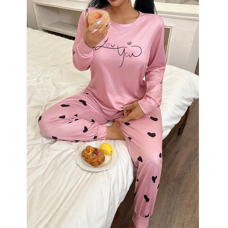 Sweet Heart Pajama Set Women Long Sleeve Pant Letter Print Soft Loungewear Fall Winter
