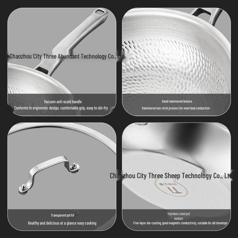 Titanium Dragon Scale Hammer Pattern Flat Bottom Wok with Square Handle, No Coating, Less Oil Smoke, Stainless Steel Steak Frying Pan.