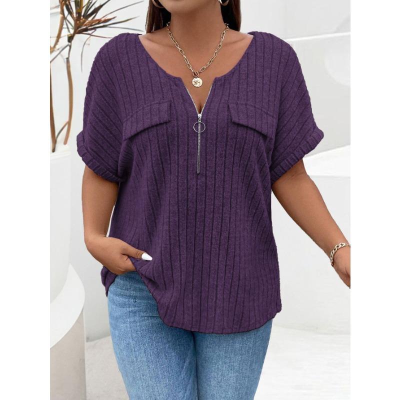 EastRogue Women's Fashion Casual Large Size Solid Color Print Summer Spring Short Sleeve V-Neck Loose Fake Pocket Pullover T-shirt