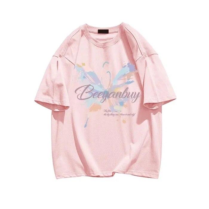Sommer Uformelle y2k topper T-skjorter harajuku overdimensjonert sommerfugltrykk i ren bomull T-skjorte Grafisk Dame T-skjorter Hipster kawaii klær