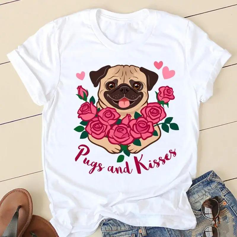 Sweet Love Pug Streetwear White Fashion Women T-Shirts Harajuku Kawaii Clothes Short Sleeve Summer Tee Casual Female Tops O-Neck