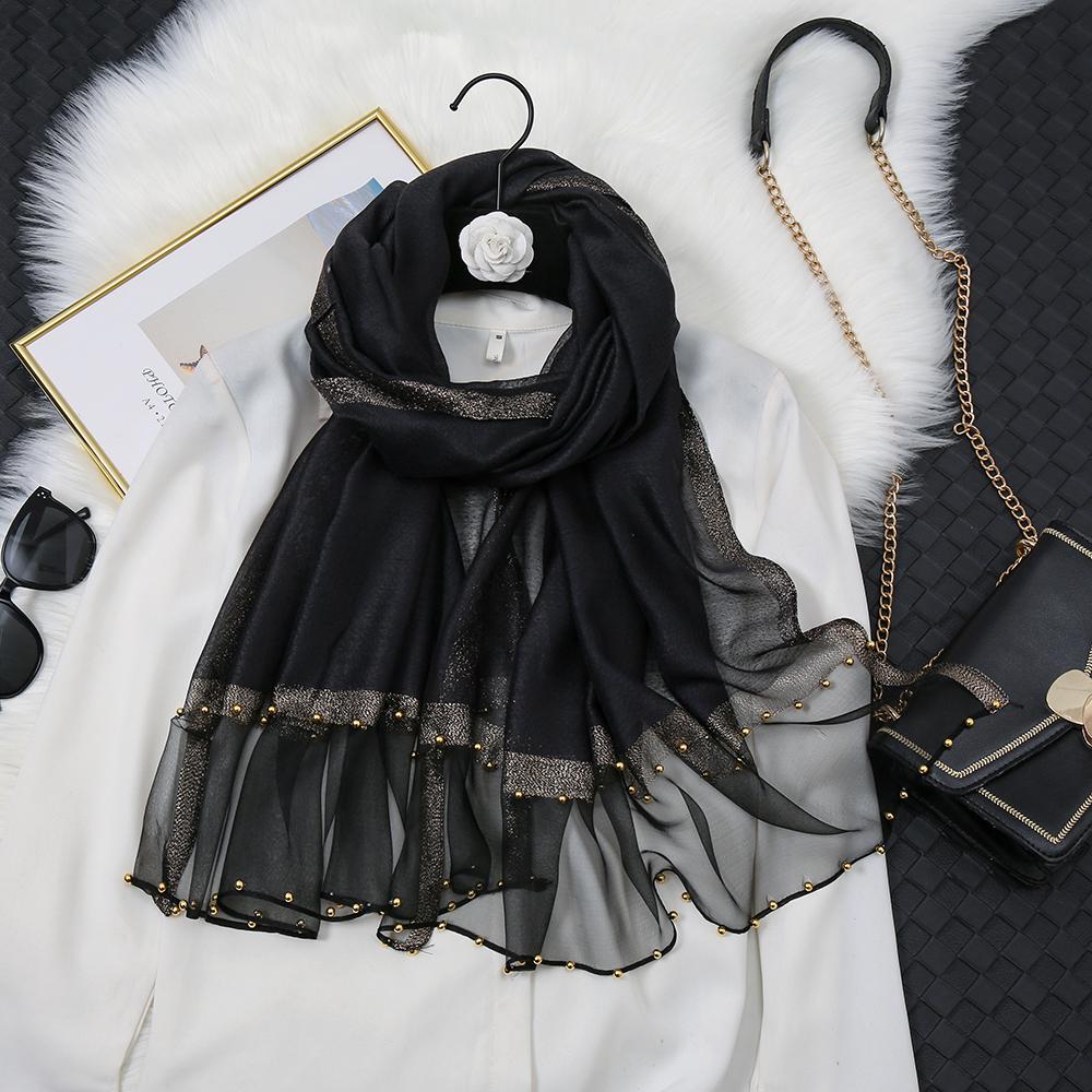 Fashion Luxury Silk Scarf For Women Shawls With Beads Long Scarf For Women Female Foluard Stoles Bandana Head Wraps Headscarf