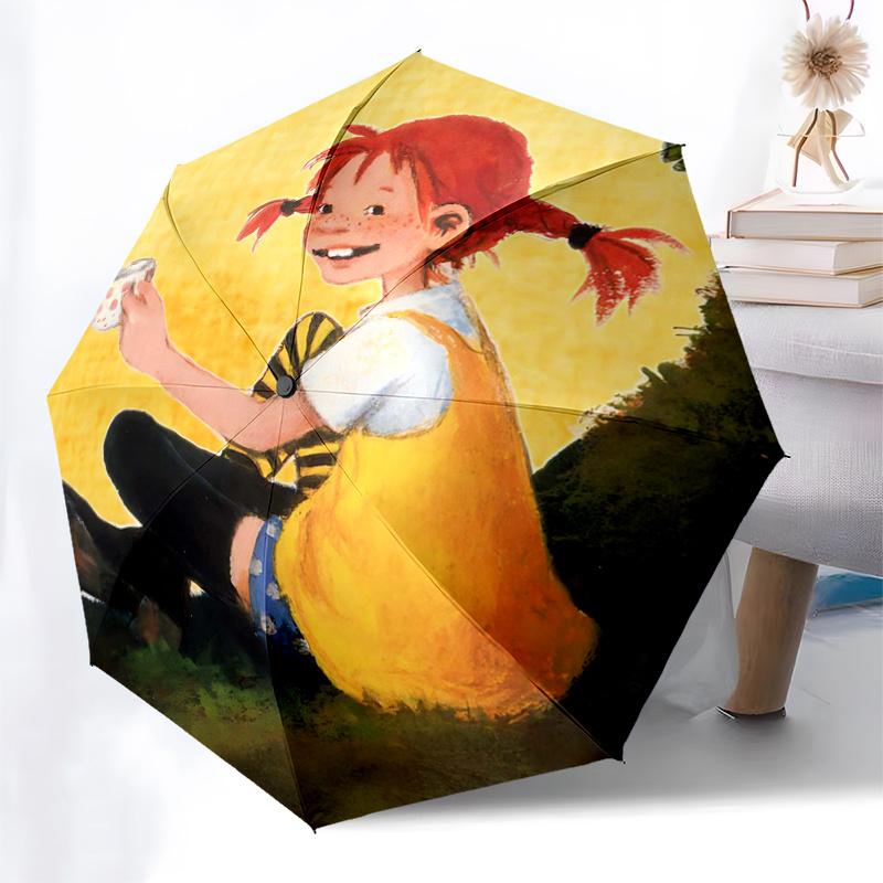 Pippi Longstocking Themed Travel Umbrella-8 Ribs Automatic Opening and Closing, Portable Folding Design, Compact and Stylish Umbrella Suitab