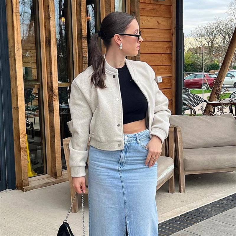 Women Jacket Cropped Bomber Jackets for Women Beige Black Tweed Jacket Woman Fashion Long Sleeve In Short Coats