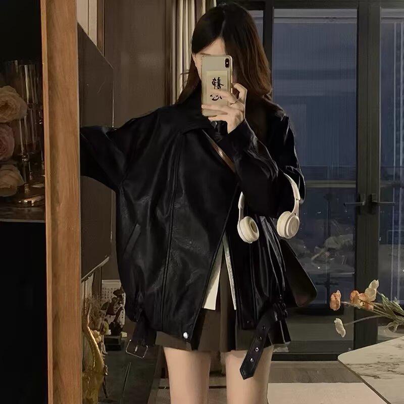 Women's Retro Brown Leather Biker Jacket – Autumn Loose Fit, High-End Fashion