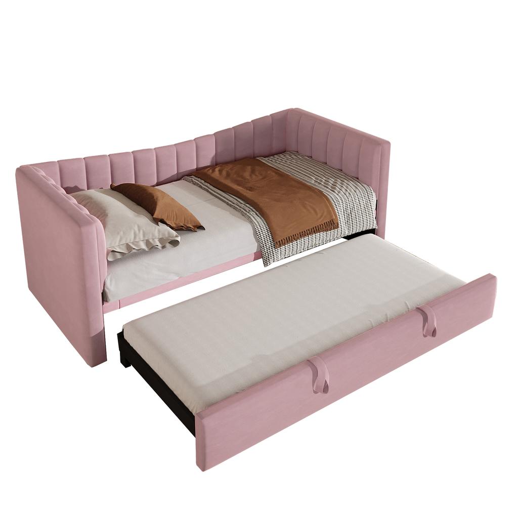 Daybed, 90 X 200 Cm (180 X 200 Cm) Upholstered Bed with Trundle Bed, Sofa Bed, Single Bed, Double Bed (Without Mattress), Velvet, Pink