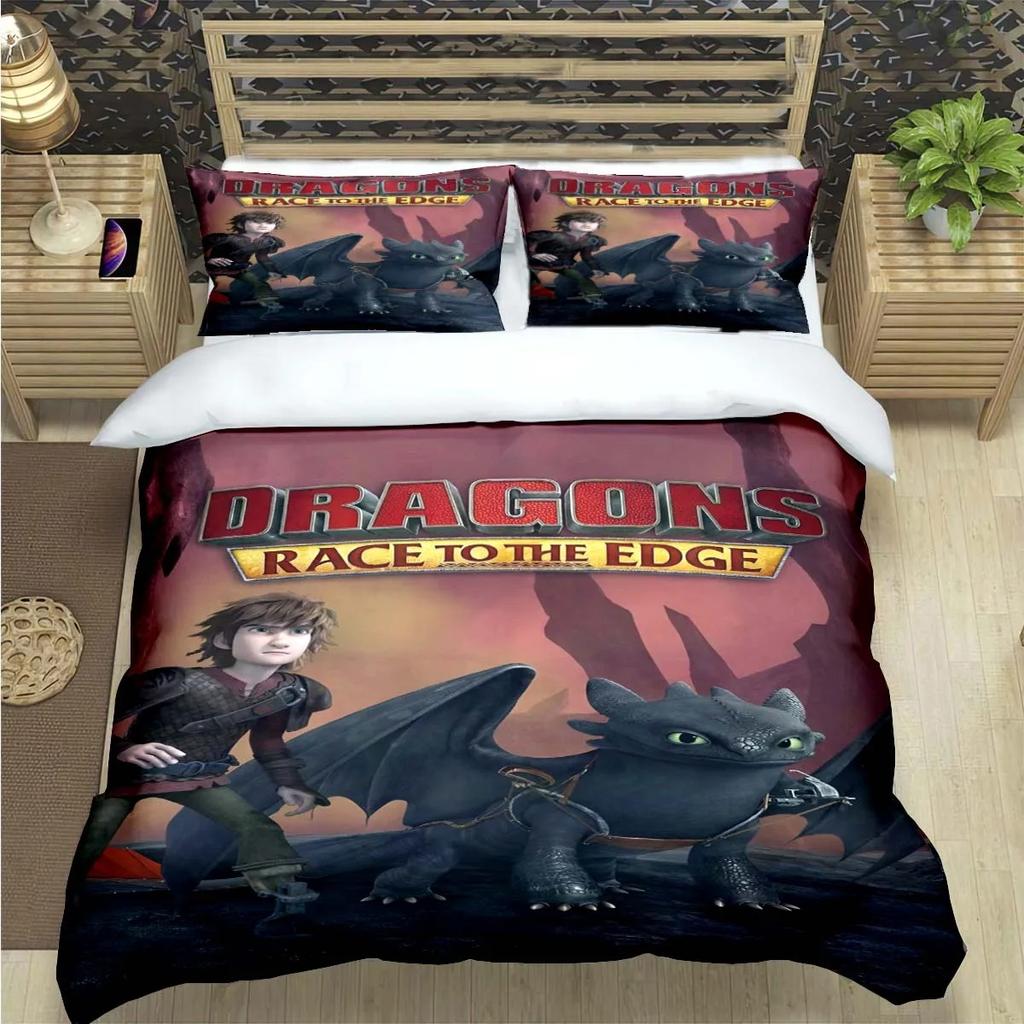 Anime-Themed Dragon Toothless Design Bedding, 3D Digital Print, All-Season Polyester Quilt Cover & 1/2 Pillowcases