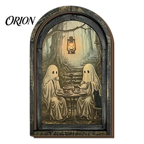 Medieval Arched Window Decor Halloween Vintage Arch Wooden Sign, Gothic Spooky Ghost Wall Hanging with Bracket, Rustic Dark Aesthetic Home Ornament