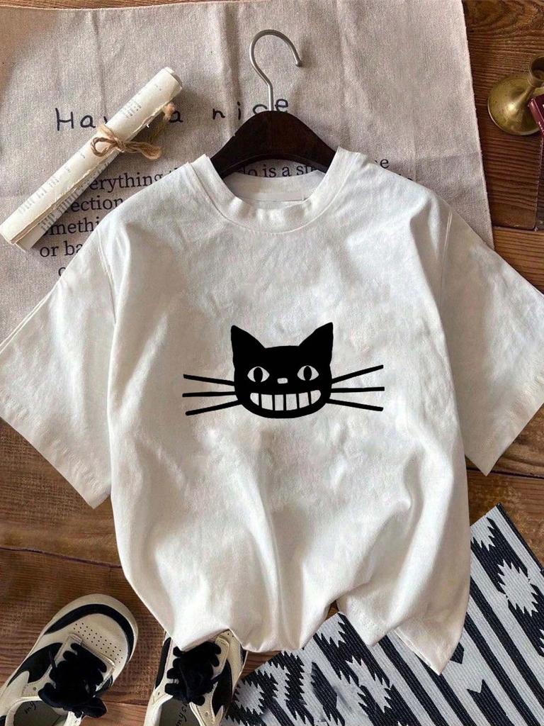 Cartoon Black Cat Print Short-sleeved T-shirt Casual and Cute Style Suitable for Women's Daily and Outing Wear In All Seasons