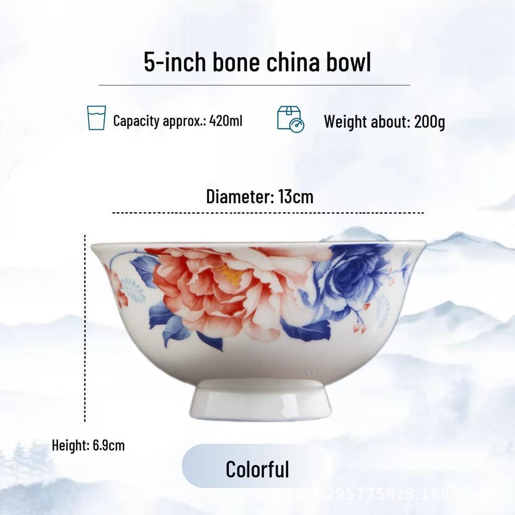 Blue and White High-Foot Bone China Noodle Bowl - Chinese-Style, Anti-Scald, Customizable for Birthdays