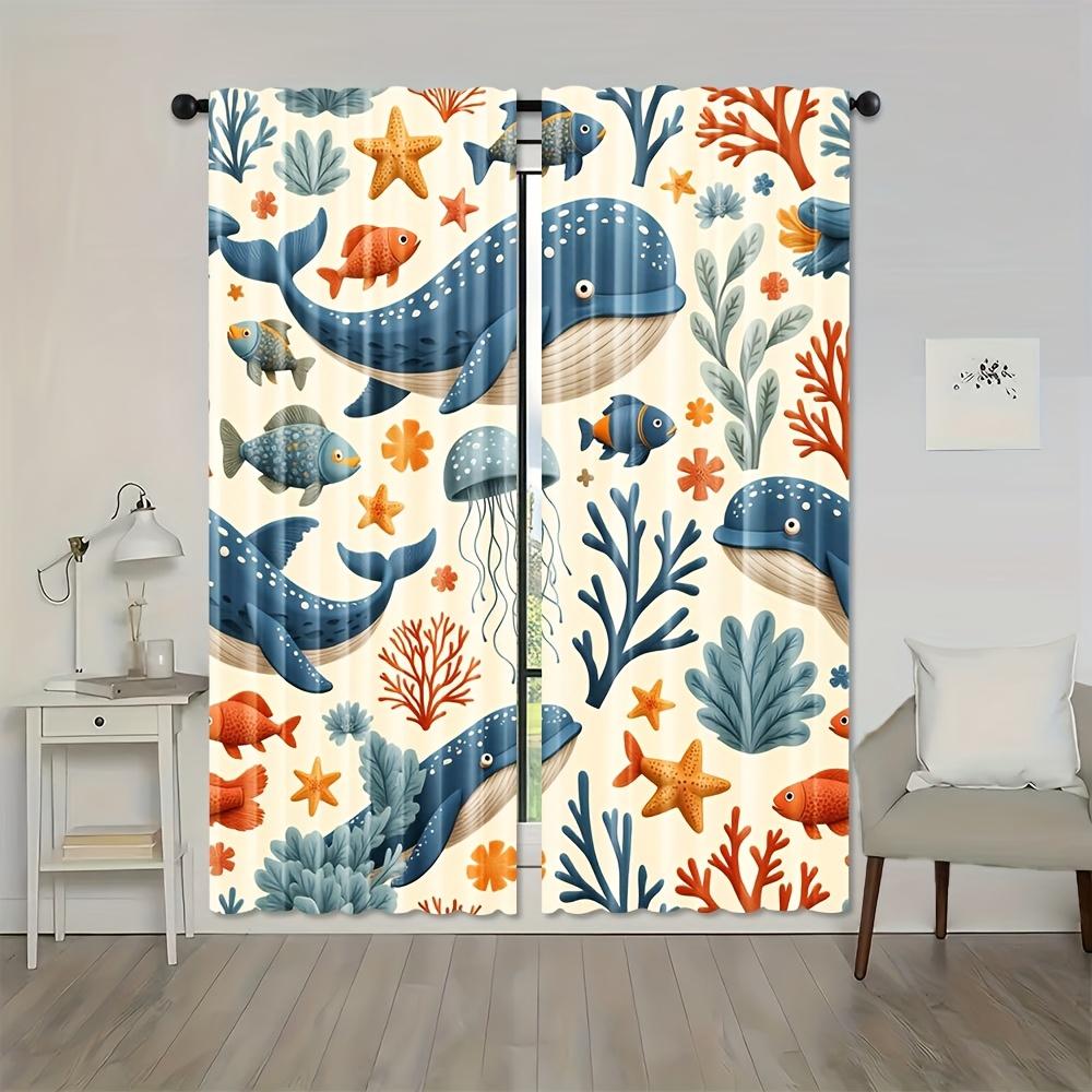 2pcs Colorful Sea Animal Ocean Curtains - Semi-Sheer, Whimsical Whale, Fish & Coral Design, Rod Pocket for Bedroom, Living Room,