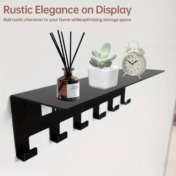 Wandmontierte schwarze Metall-Garderobe mit Regal und 6 Haken