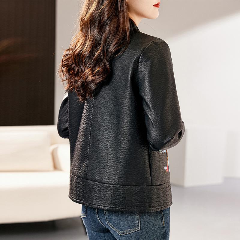 Hua Ge Di Qing Plus Velvet Leather Jacket for Women Winter 023 New Retro Ethnic Style Stand Collar Short Slim Leather Jacket