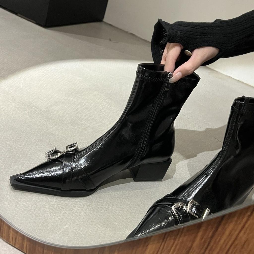 Französische spitze dicke hohe Absätze kurze Stiefel Damen 2025 neu Temperament Seitenreißverschluss Mode elastische dünne Stiefel