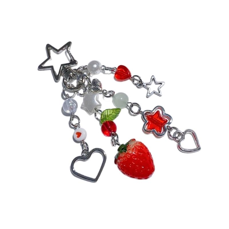 Lace Ribbon Keyring Cute Sweet Strawberry Pendant Keychain Colorful Beaded Phone Lanyard Multi-Functional Bags Accessories