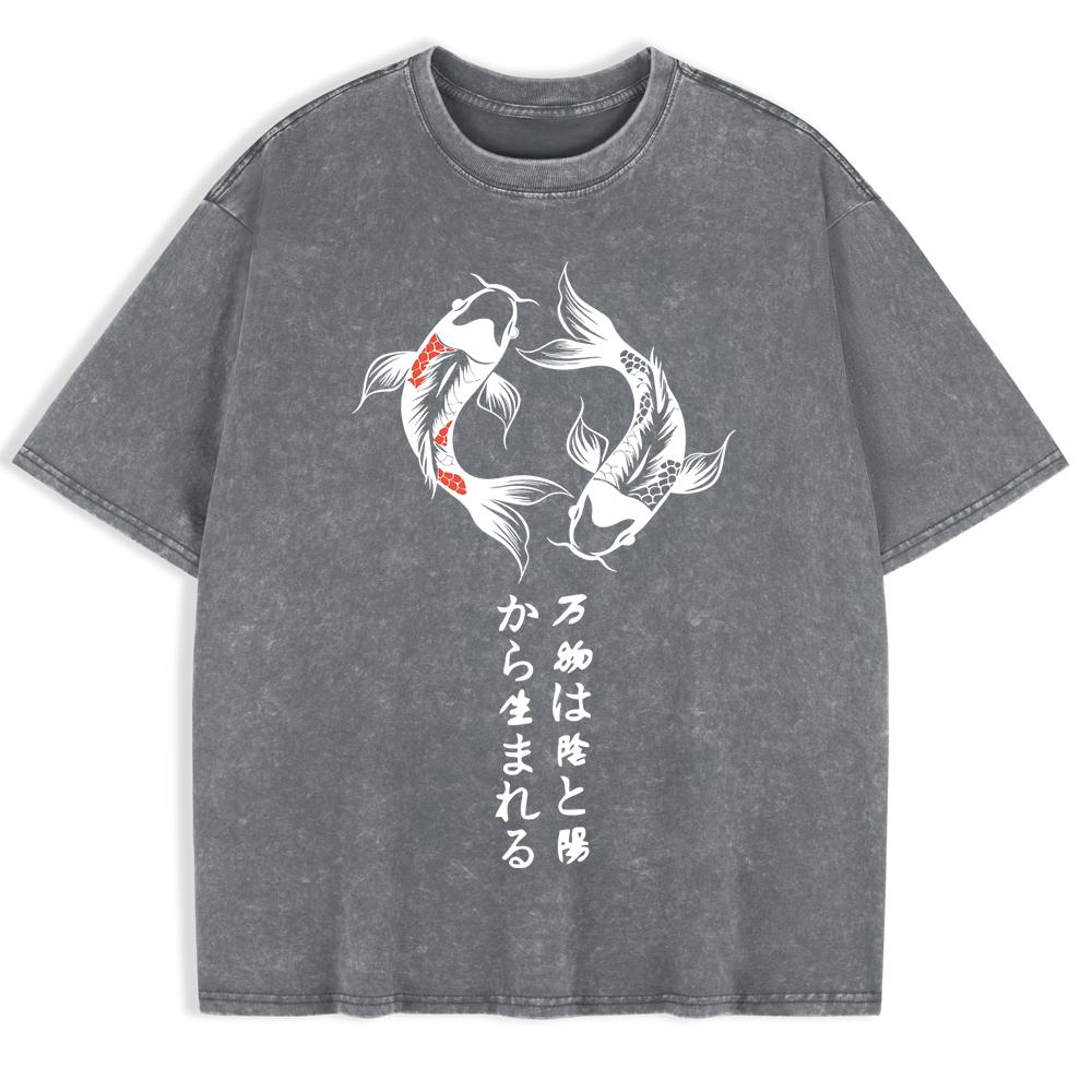 Japanische Koi Harajuku Drucke Gewaschene T-Shirts Herren Baumwolle Oversize T-Shirt Sommer Rundhals Kurzarm Oberteile Kleidung