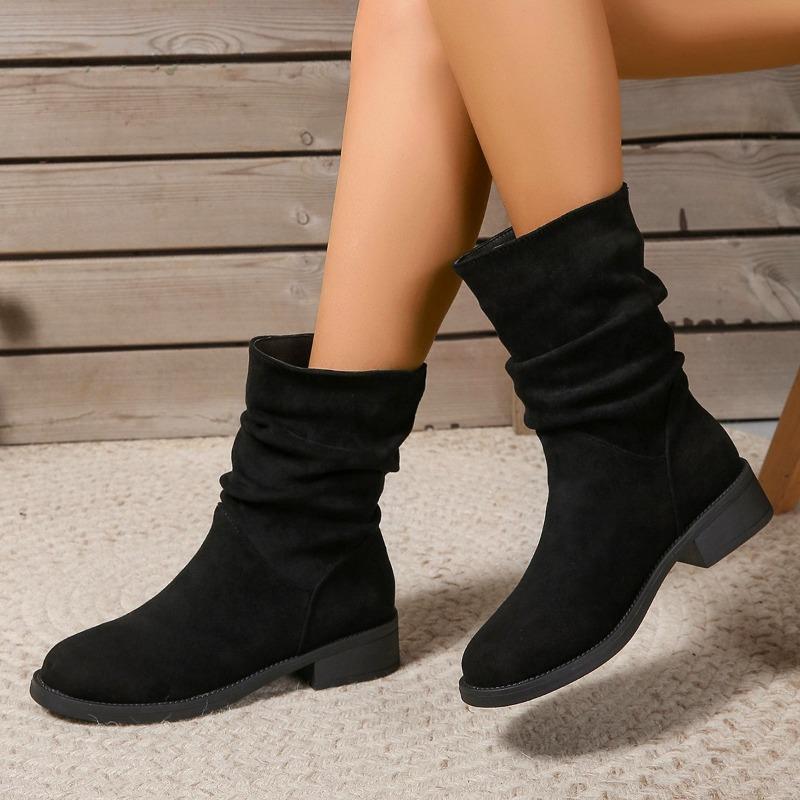 2024 Fashionable and Comfortable Women's Boots Autumn Round Toe New Solid Color Short Tube Thick Heel Sleeve Suede Fashion Boots