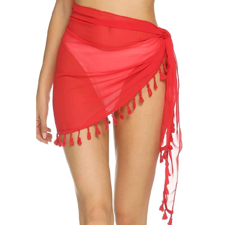 

Elegant Beach Skirt Hip Wrap Short Dress Tassels Head Scarf with Fringes for Casual and Resort Wear Red tassel edge