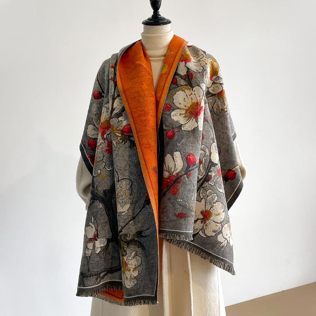 Women Luxury Plum Blossom Print Pashmina Travel Poncho Warm Cashmere Scraves Thick Blanket Winter Bufanda Shawl Female Scarf
