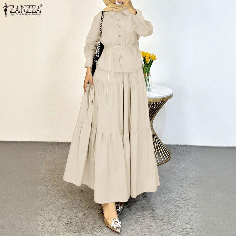 ZANZEA Damen Langarmbluse und Lange Röcke Lässige Zweiteiler Anzugsets