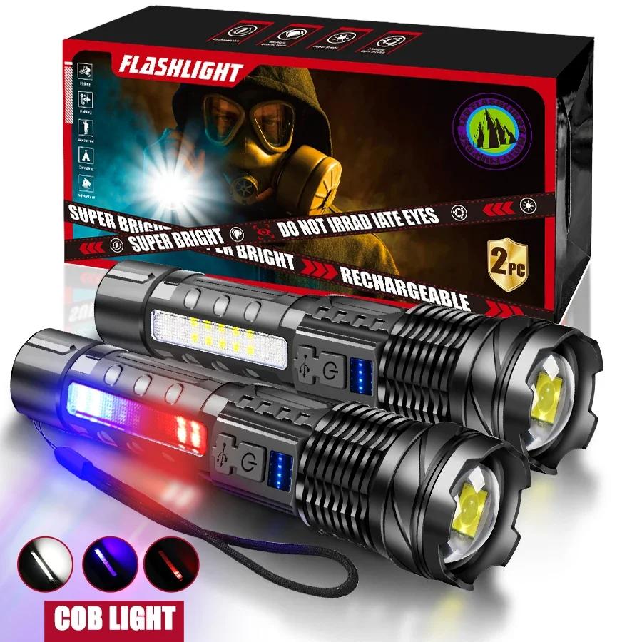 2PCS Flashlight Rechargeable Torch Strong Light Flashlight Long Range Tactical Zoom Lamp Outdoor Camping Lantern Christmas Gifts