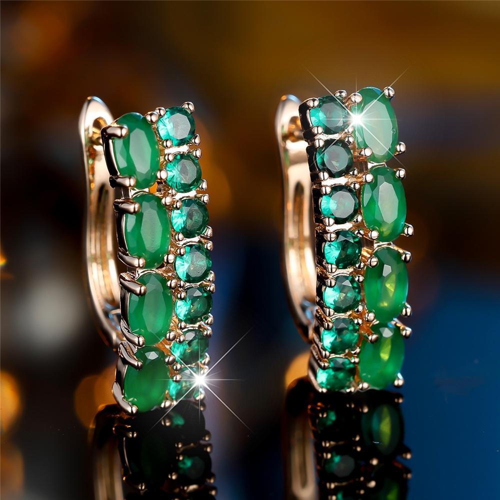 Green Round Zircon Simulated Jade Oval Stone Earrings For Women Vintage Gold Color Ear Buckle Wedding Jewelry Versatile Gifts
