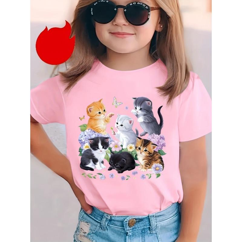 Dívčí tričko s potiskem kreslené kočky Polyesterové Letní Oblečení pro malé školačky Krátký rukáv Dětský top Kawaii Trička Dívčí topy