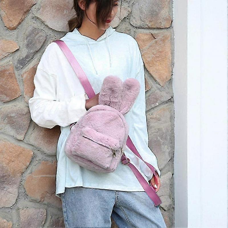 Women's Faux Fur Mini Backpack Cute Rabbit Ear Satchel Shoulder Bag Purse Plush