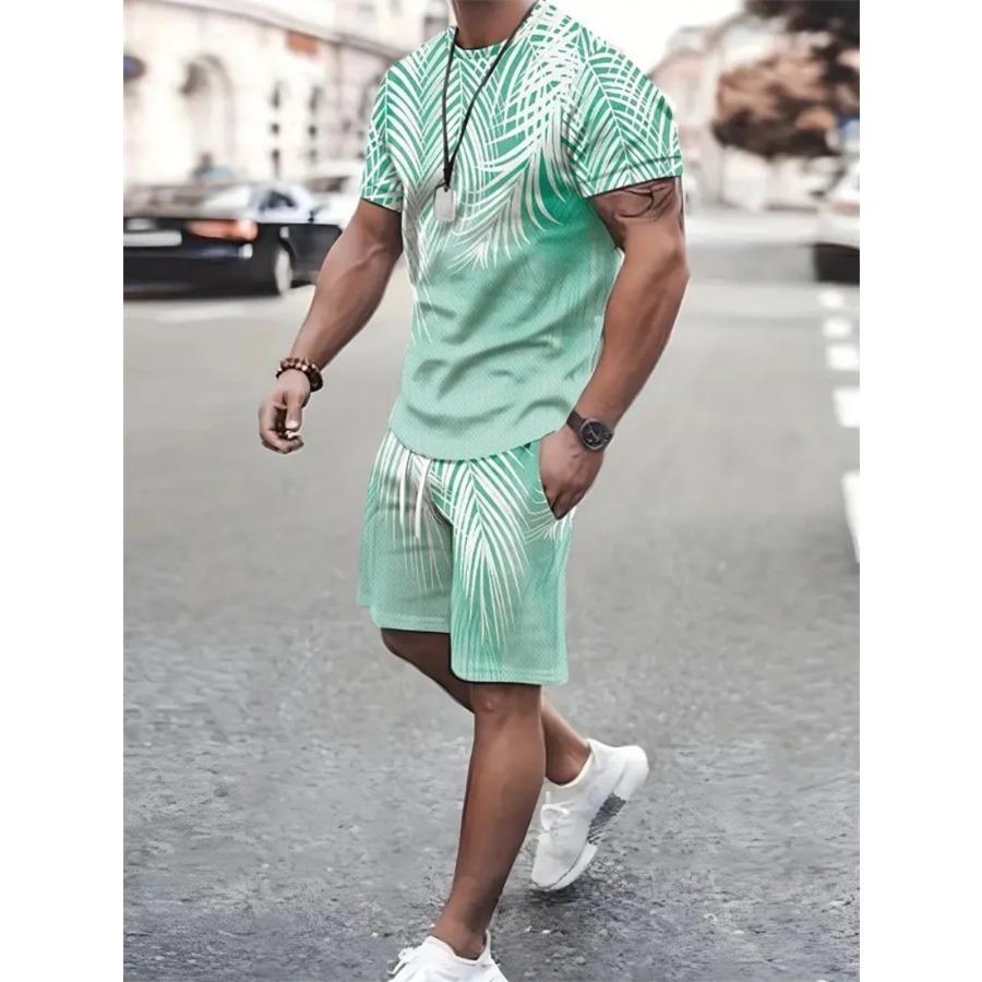 Summer Men's Sailor Short Sleeve Set Anchor Print Pattern Short Sleeve Shorts Set Men's Crew Neck T-Shirt and Drawstring Shorts