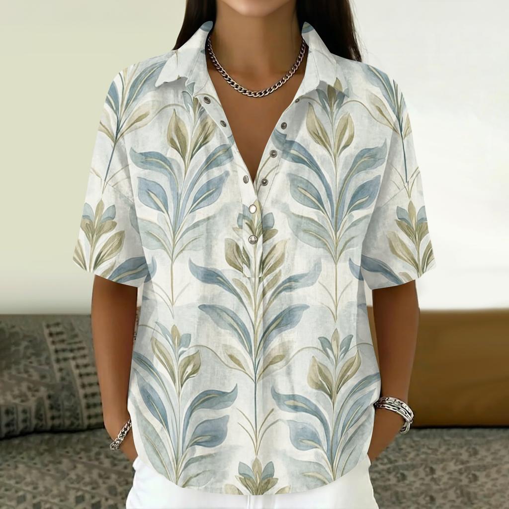 Women Turn Down Collar Button Up Retro Floral Print Imitation Cotton Linen Loose Fit Short Sleeve T Shirt Top for Daily Wear