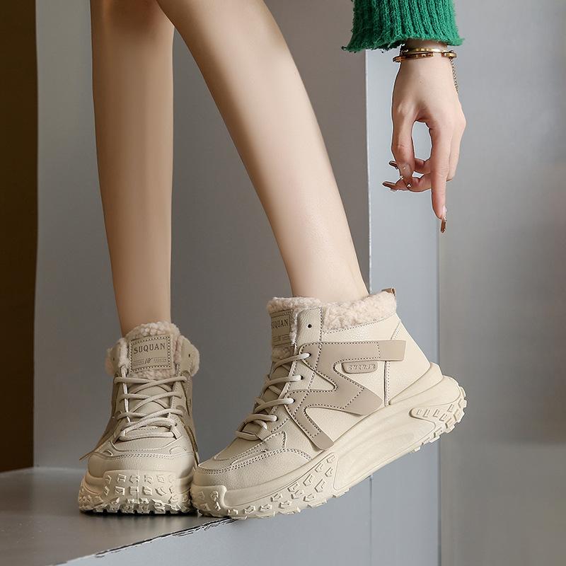 Women's high fashion fashion lightweight soft sole winter warm fur one snow boots padded lining non-slip casual sneakers cotton boots pops shoes