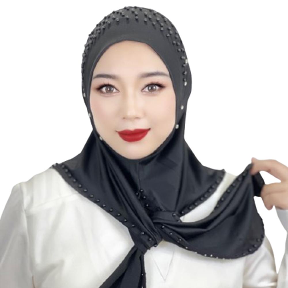 Comfortable Beaded Muslim Hijab Solid Color Full Cover Turkish Head Wrap Scarf Arabic Hijab Hat
