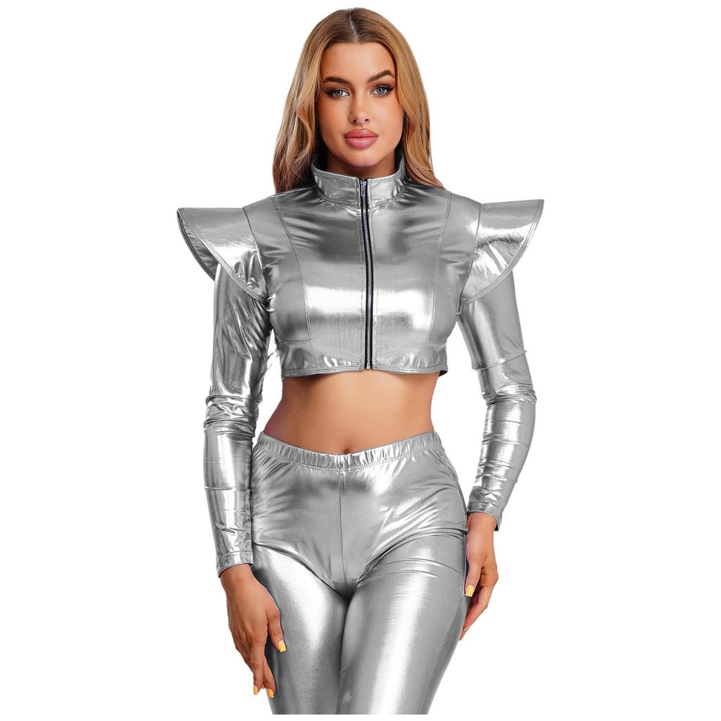 S-3XL Women Iridescent Metallic Crop Jacket Long Sleeve Structured Shoulder Boards Stand Collar Front Zipper for Club Raves Party