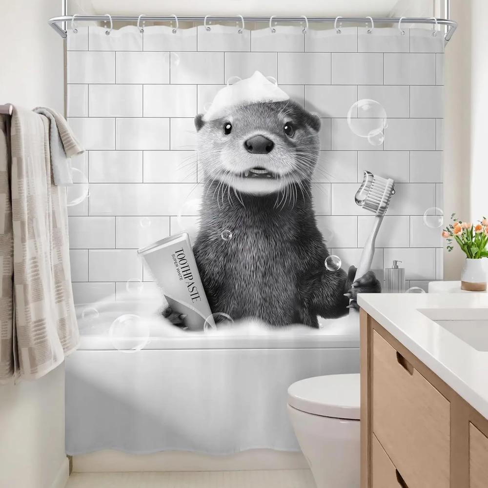 Funny Otter In Bathtub Printed Shower Curtain Black White Wildlife Artwork For Bathroom Decor