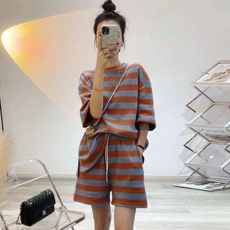 Large Size Casual Sports Suit for Women Summer Korean Style Striped Short-sleeved T-shirt Shorts Two-piece Set