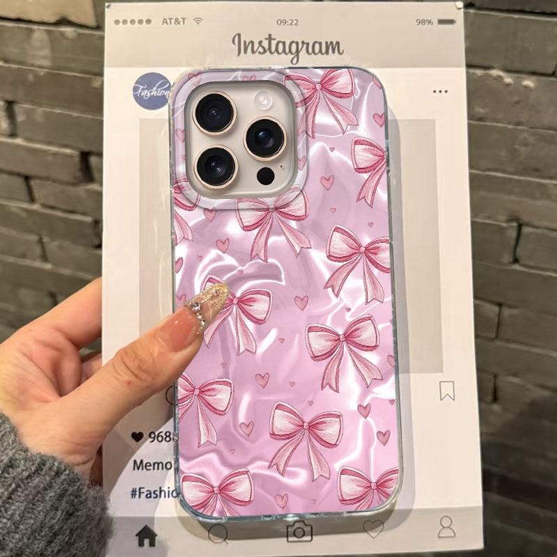 Pink Bow Love Heart Girls Water Texture Phone Case For Apple Iphone 15 16 14 13 Pro Max 16e 12 11 7 8 Plus XR SE Fundas Cover