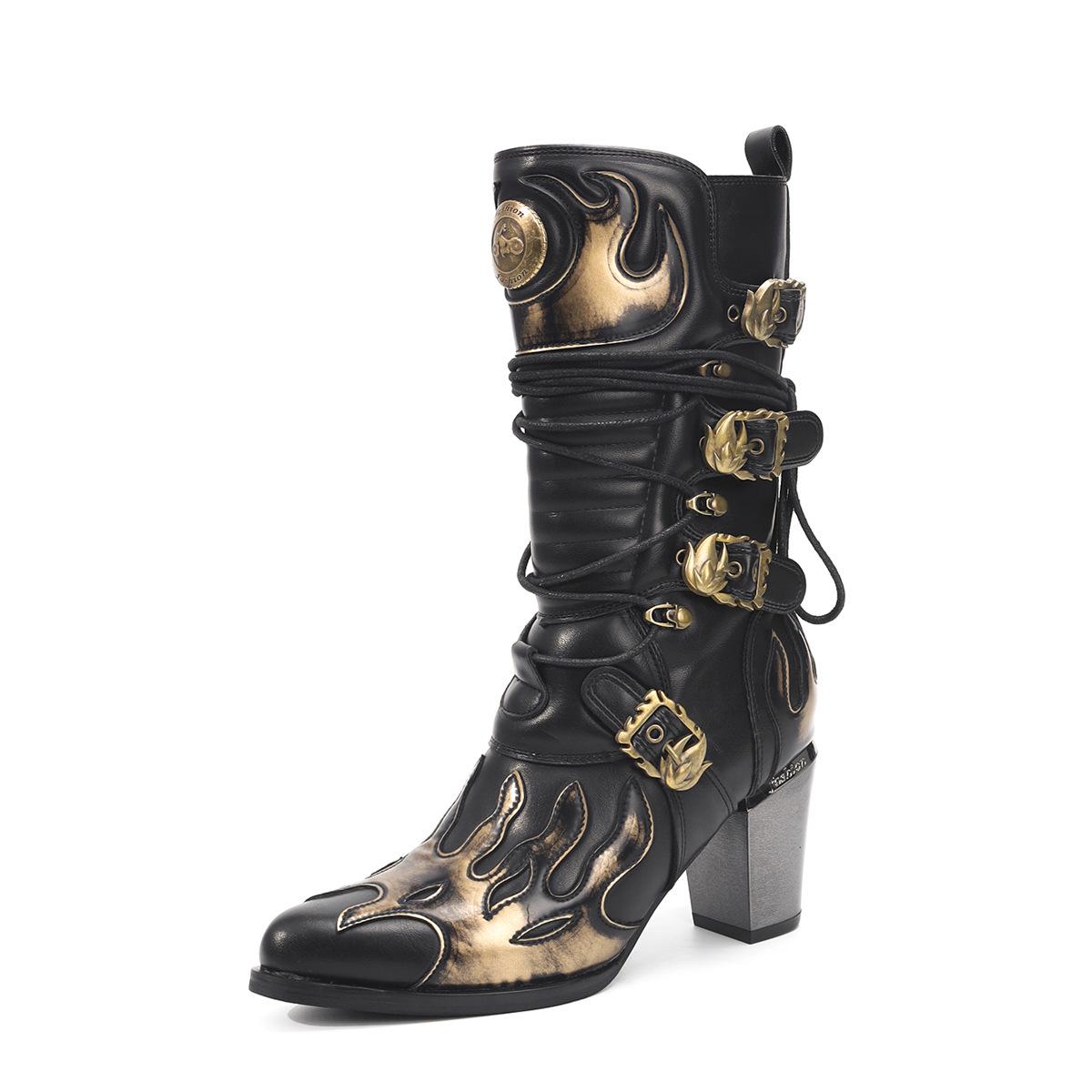 

Ретро сапоги до середины икры с пламенем, западные, на массивном каблуке, с боковой молнией, размер США Size 35 золотой/чёрный