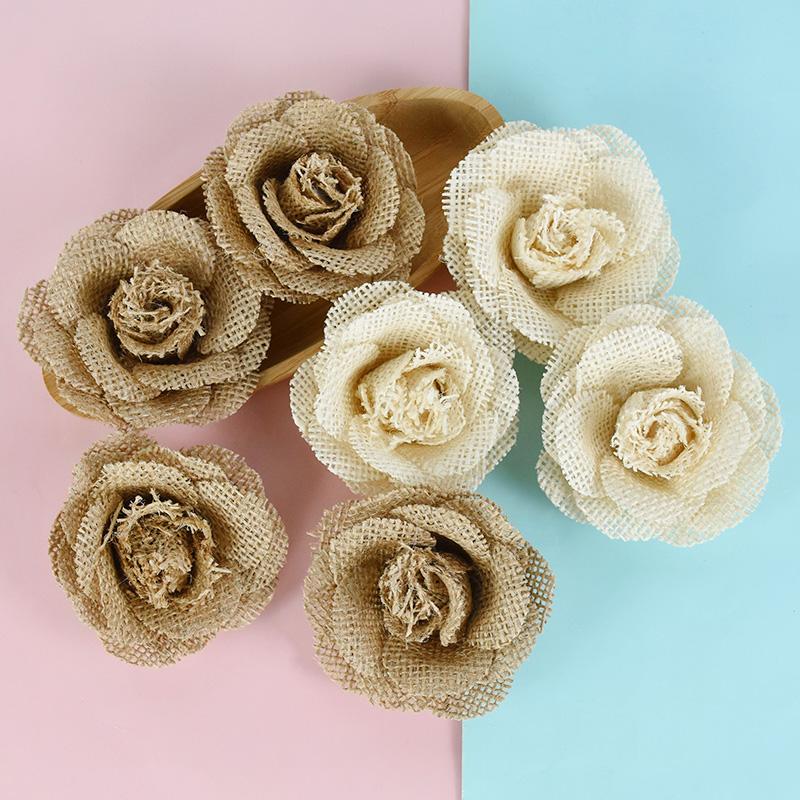 1-5Pcs Jute Hessian Burlap Rose Flowers Heads DIY Linen Handmade Flower Craft Accessories Vintage Rustic Wedding Home Decoration