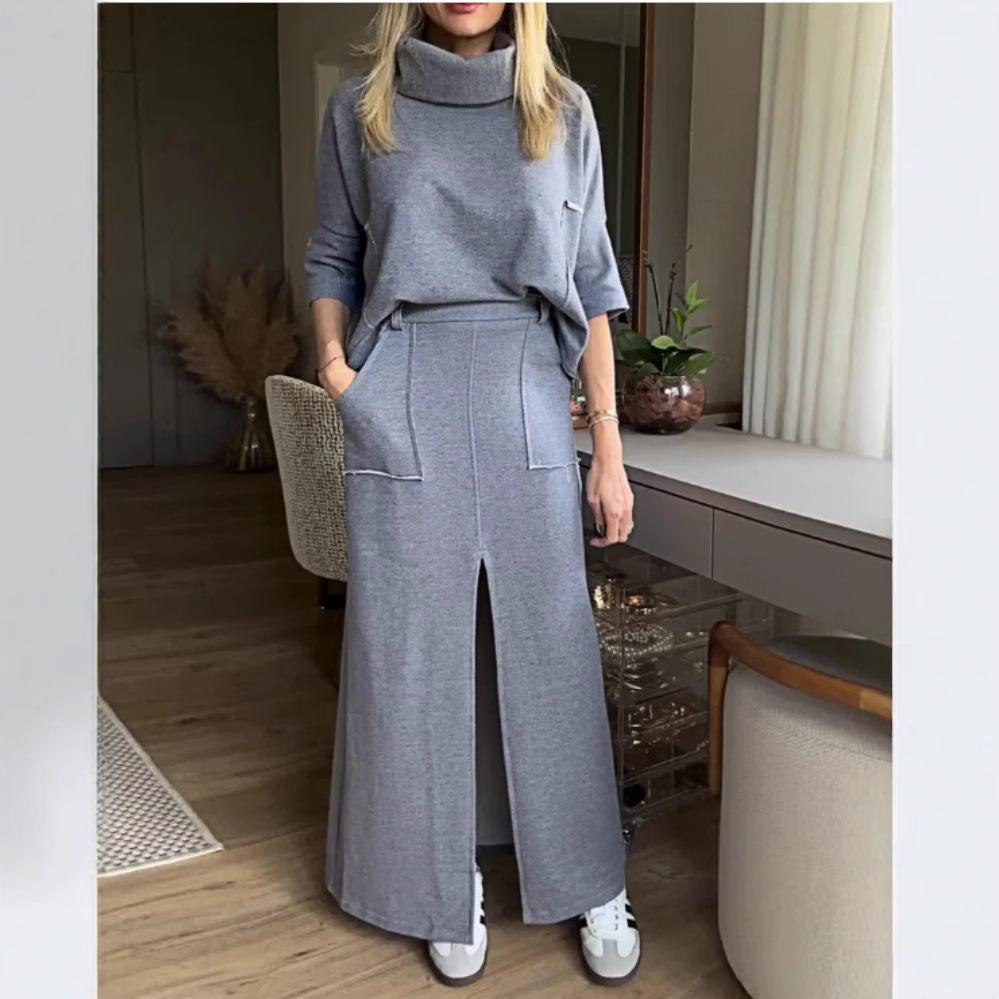New Women's Autumn and Summer Solid-color Casual Loose Pocket Sweatshirt Straight Skirt Set
