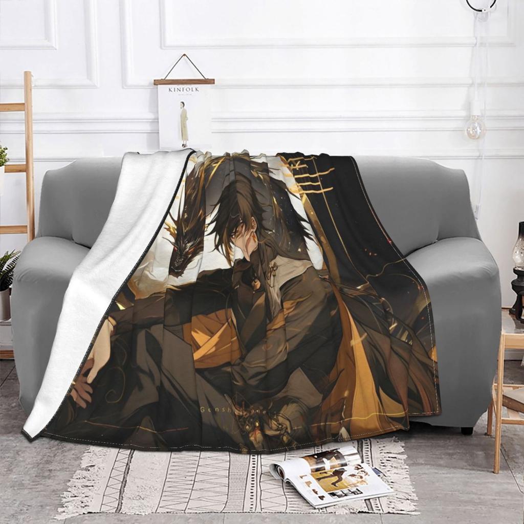 Genshin Impact Zhongli Blanket Flannel Textile Decor Anime Game Cartoon Portable Super Soft Throw Blanket for Home Car Quilt