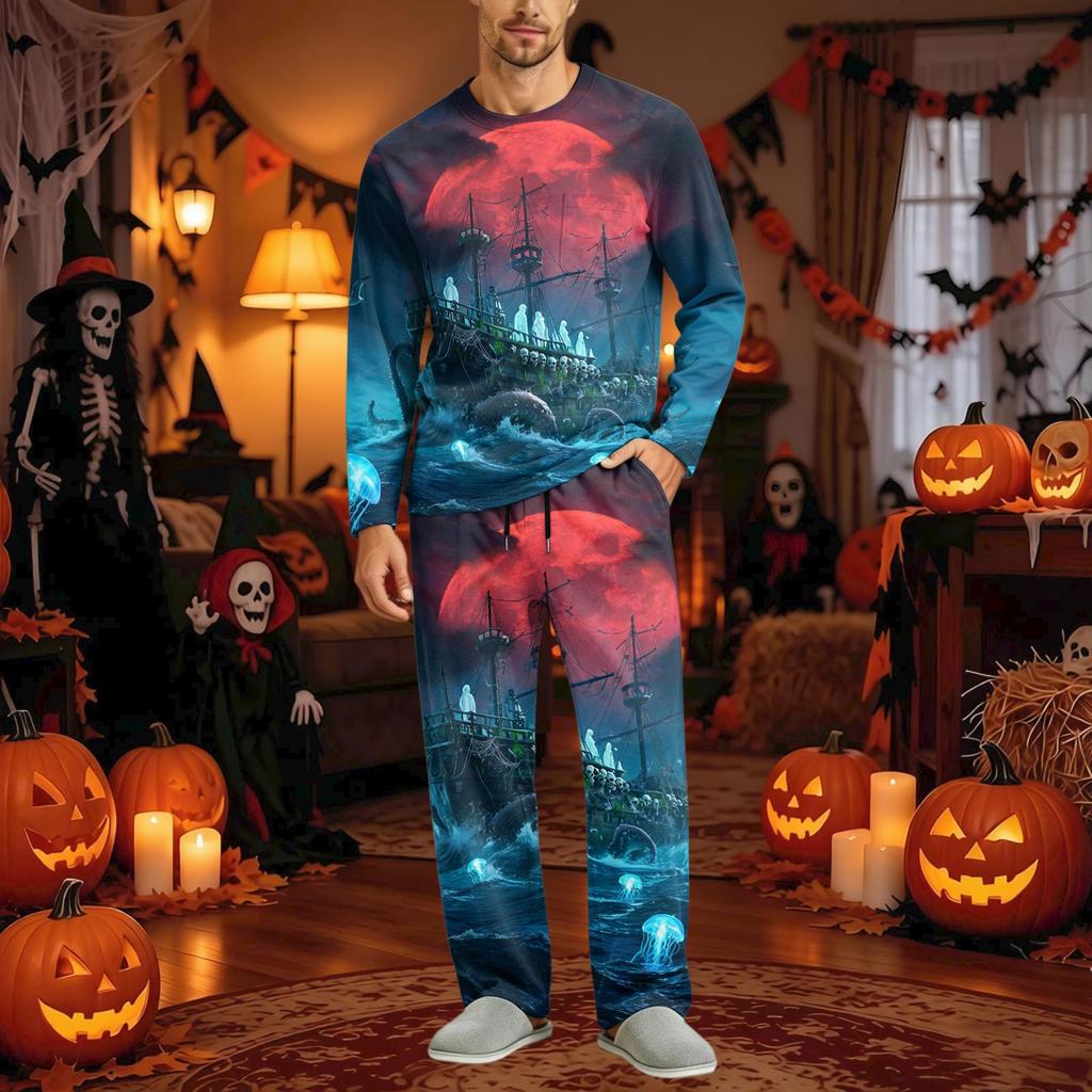 Men's Halloween Pajama Set Long Sleeve Long Pants with Crotch Buttons and Elastic Drawstring Waist