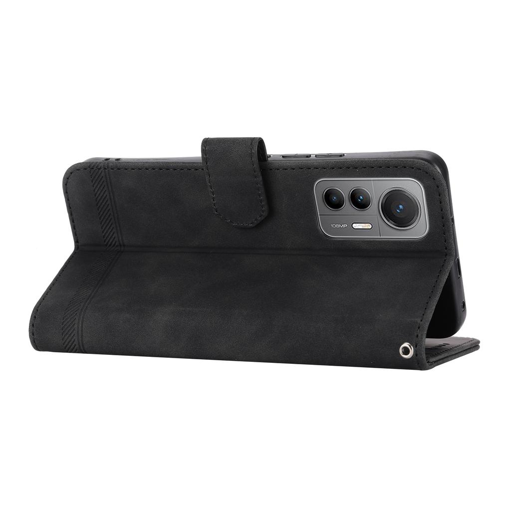 DIERFENG DF-03 for Xiaomi 12 Pro 5G/12 Pro (Dimensity) 5G/12S Pro 5G Wallet PU Leather Phone Case Lines Imprinted Phone Stand Cover- Black