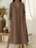 Spring Casual V-neck Cotton Linen Long Sleeve A-line Maxi Dress